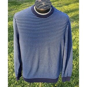 Chaps Sweater Mens Large Navy Blue Striped Crew Neck 100% Cotton Knit Pullover‎
